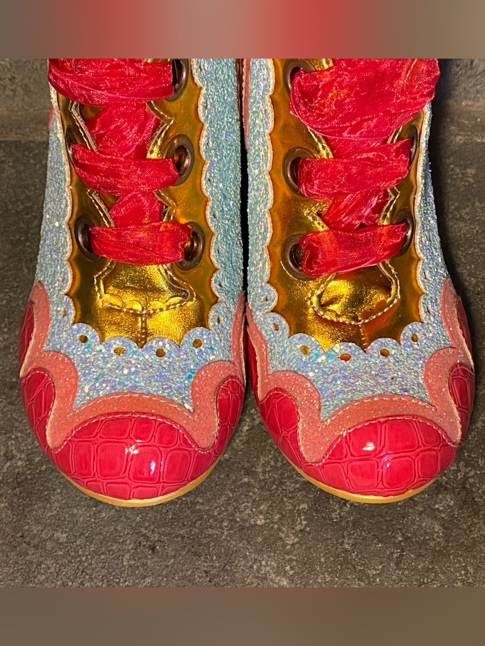 Irregular Choice sparkly Can-Can boots,hot pink patent,sky blue glitter,ribbon - Picture 11 of 16